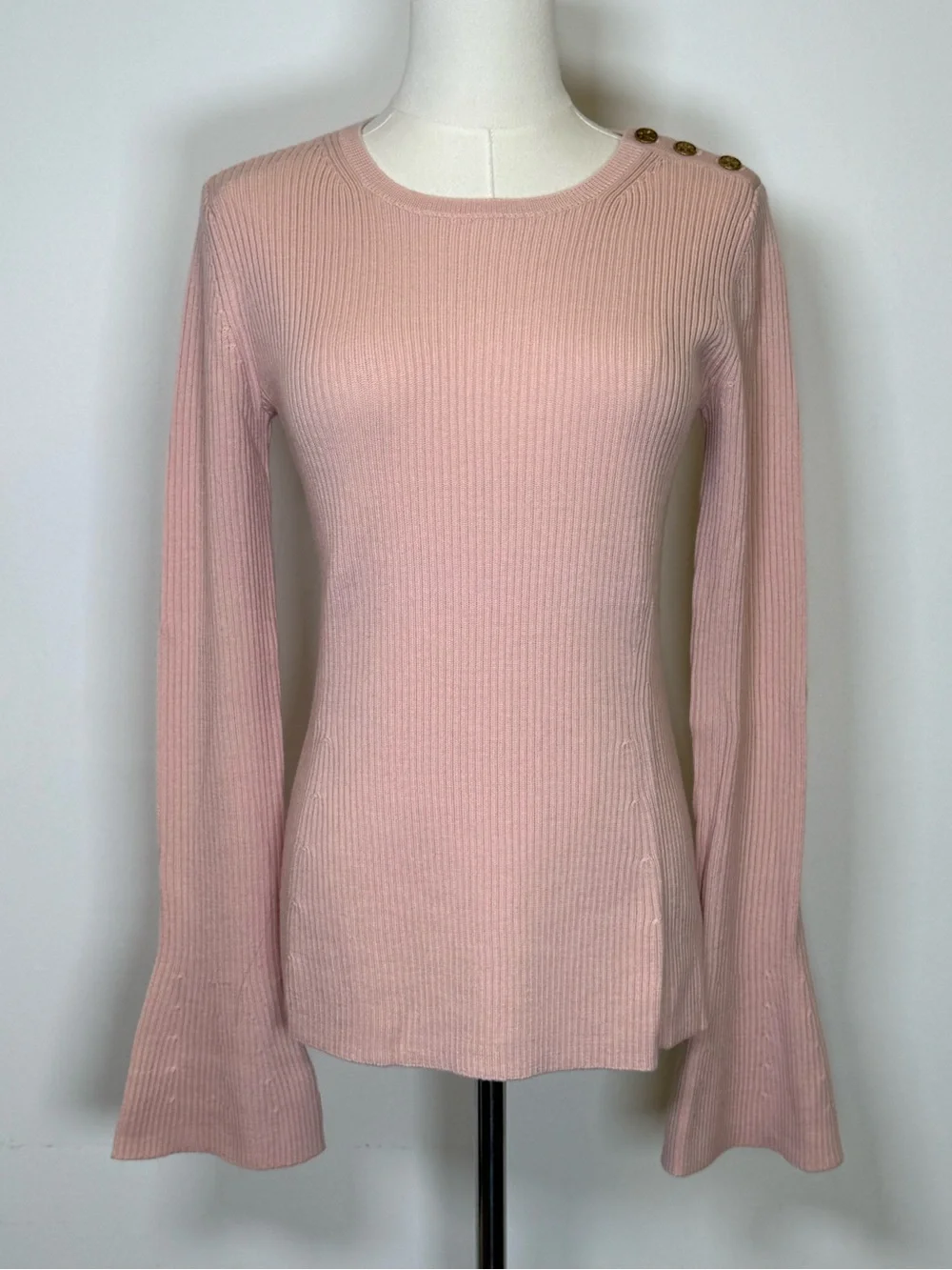 Tory Burch Pink Ribbed Knit Wool Sweater Crewneck Bell Sleeves Women’s Small